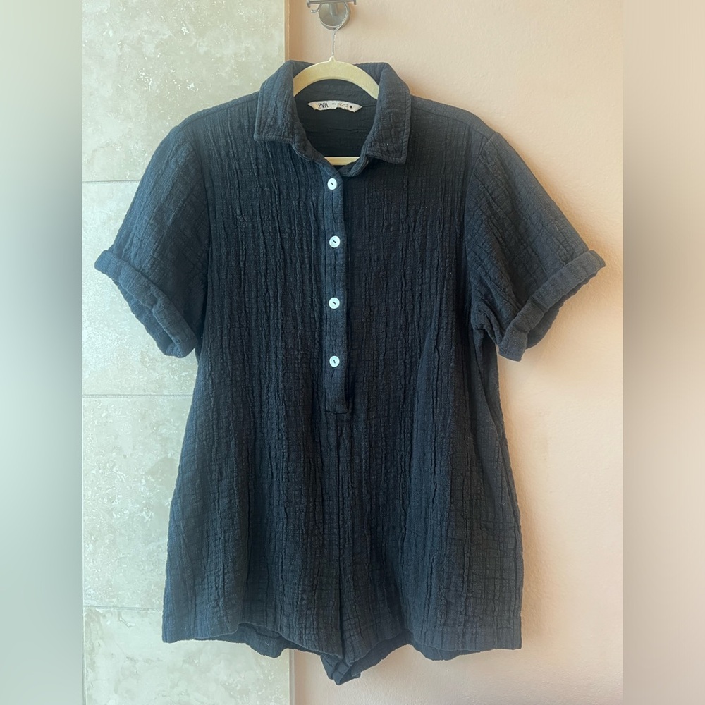 Zara Black Crinkled Muslin Cotton Playsuit Romper with Capiz Buttons